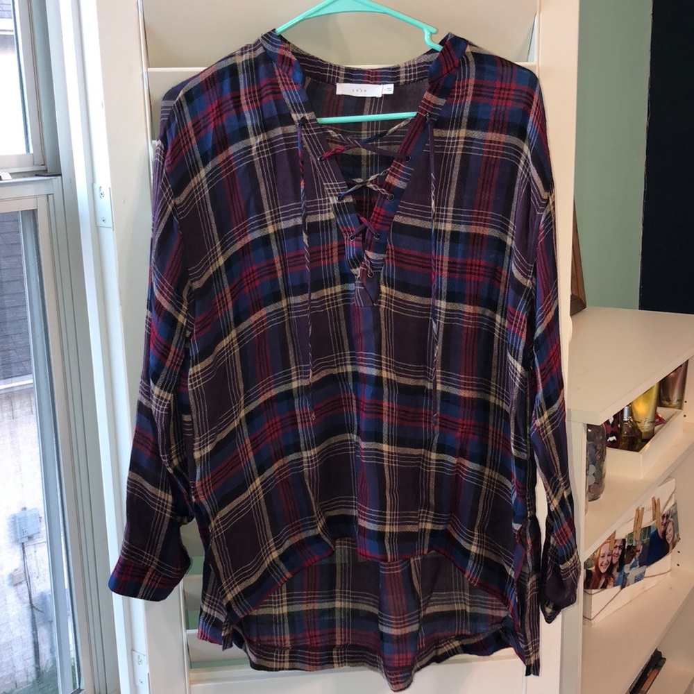 Lush Lace Up Plaid Blouse